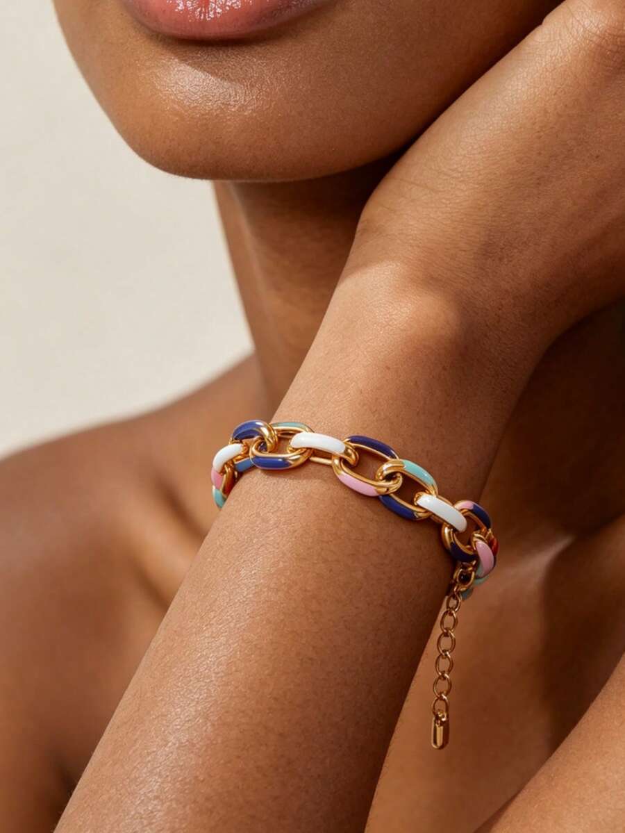 1Pc Vintage Colorful Enamel Drip Chunky Chain Bracelet, Geometric Link Jewelry For Women Daily Party Gift - Enamel Drop Oil Bracelet - View 1