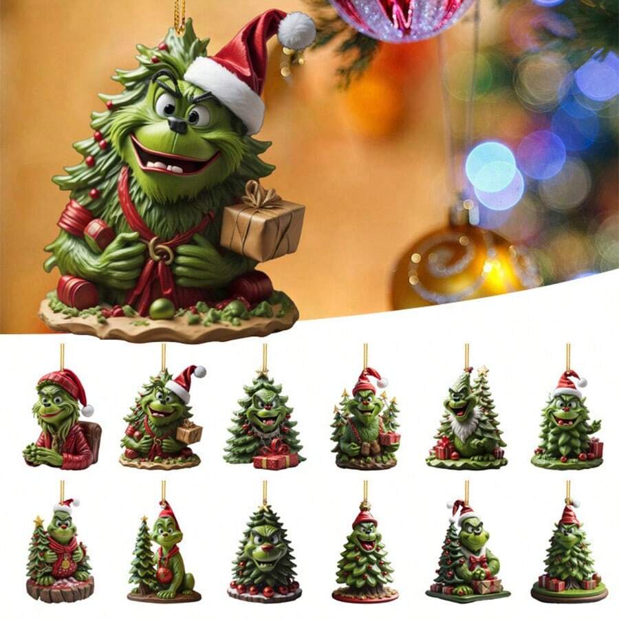 The Grinch 12/2pcs Christmas Tree Shaped Acrylic Hanging Ornaments, Fun Green Character Tree Pendant, Suitable For Christmas Tree Home Party Decoration, Ideal Christmas Home Decor And Holiday Gift - Multi-color - View 1