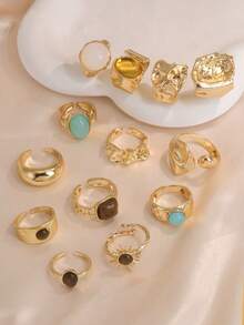 13pcs Solar Lava Liquid Metal Asymmetrical Flowing Or Hammered Texture Vintage Bohemian Style Maximalist Multi-Size Ring Set, Suitable For Parties - Multicolor - View 3