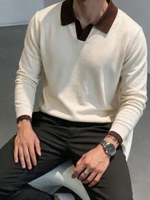 Men's Contrast Color V-Neck Long Sleeve Knit Polo Shirt, Business Casual Style Fashion Pullover Top - Apricot - View 4