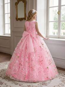 Tween Girls Floral Print Mesh Elegant Birthday Party Dress, Excluding Headband - Pink - View 1