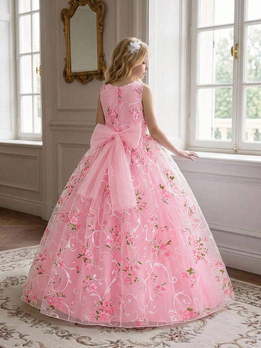 Tween Girls Floral Print Mesh Elegant Birthday Party Dress, Excluding Headband - Pink - View 1