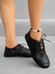 Vintage Patchwork Lace-Up Casual German Trainer Slip-On Shoes, Soft Sole Lightweight Women's Shoes For Daily Commute And Leisure, All-Season Soft Sole Fashion Versatile Flat Shoes, Wide Toe Box Women's Shoes - Black - View 7