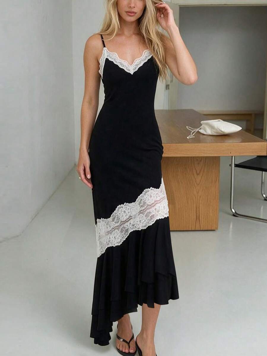 Women's Sexy Backless Lace Ruffle Patchwork Spaghetti Strap Maxi Dress, Vintage Elegant, 10cm - Black - View 1