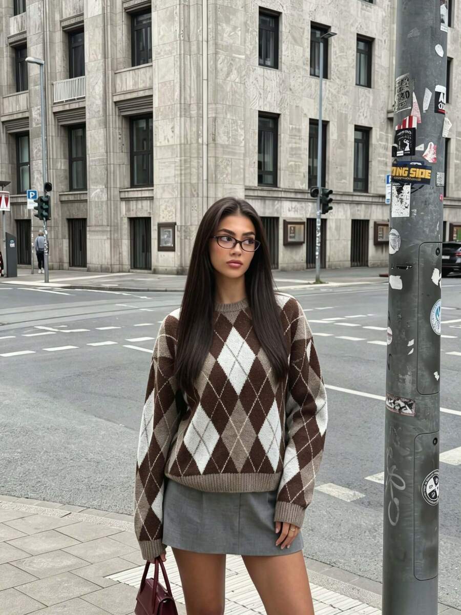 1pc Autumn/Winter Vintage Style Argyle Round Neck Sweater, Soft & Comfortable, Casual Slouchy Contrast Color Knit Pullover - Multicolor - View 1