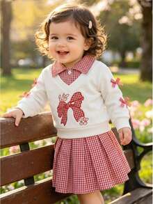 2pcs Baby/Toddler (Girl) Sweet Cool Academy Style Red & White Plaid Collared Bow Long Sleeve Sweatshirt & Skirt Set, Thin Spring/Autumn Back To School - Red and White - View 2