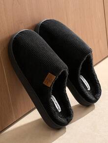 Multi-Color Unisex Fleece-Lined Slippers For Autumn/Winter, Solid Color Warm Plush Lining Home Slippers, Comfortable Sole, Slip-On Slouchy Person Home Essential, Minimalist Striped Solid Color Indoor Non-Slip Thick Sole Warm Slippers - Black - View 5