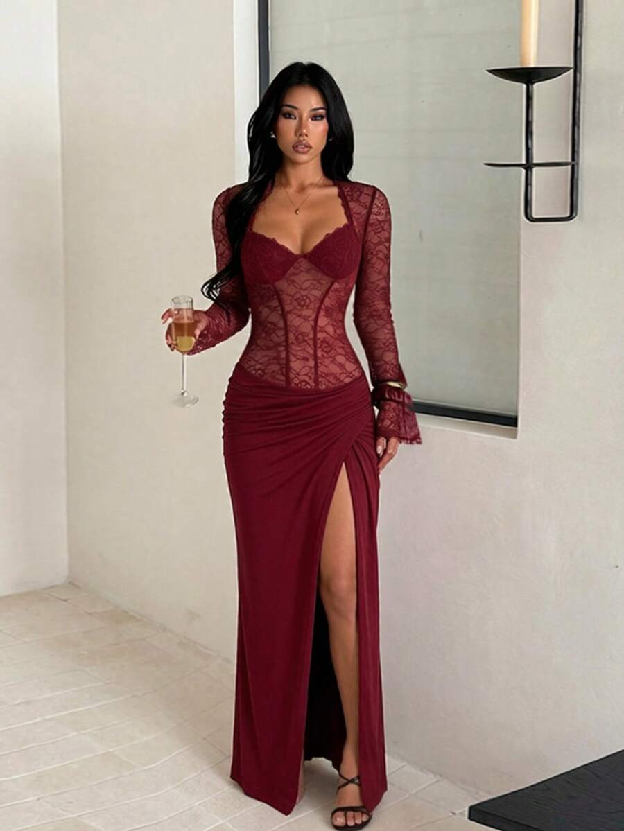 Autumn Solid Color Lace V-Neck Long Sleeve Dress Women's Elegant Dress Slit Evening Gown Party Date