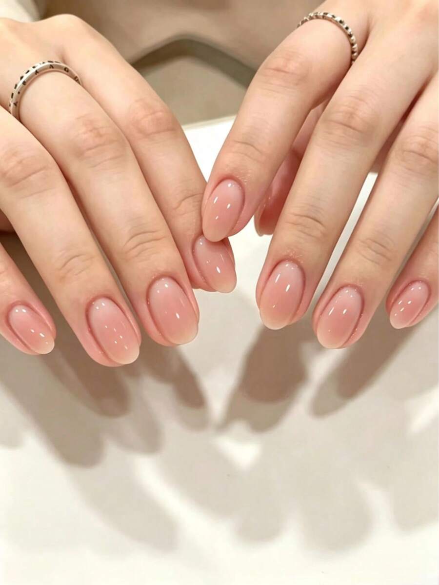 24pcs Fashionable Oval Nail Stickers Set, Pink French Ombre, Removable Full Coverage, Long-Lasting. Set Includes 1 Adhesive Sticker And 1 Mini Nail File, Perfect Match For Casual Outfits, Ideal Choice For Manicure - Baby Pink - View 1