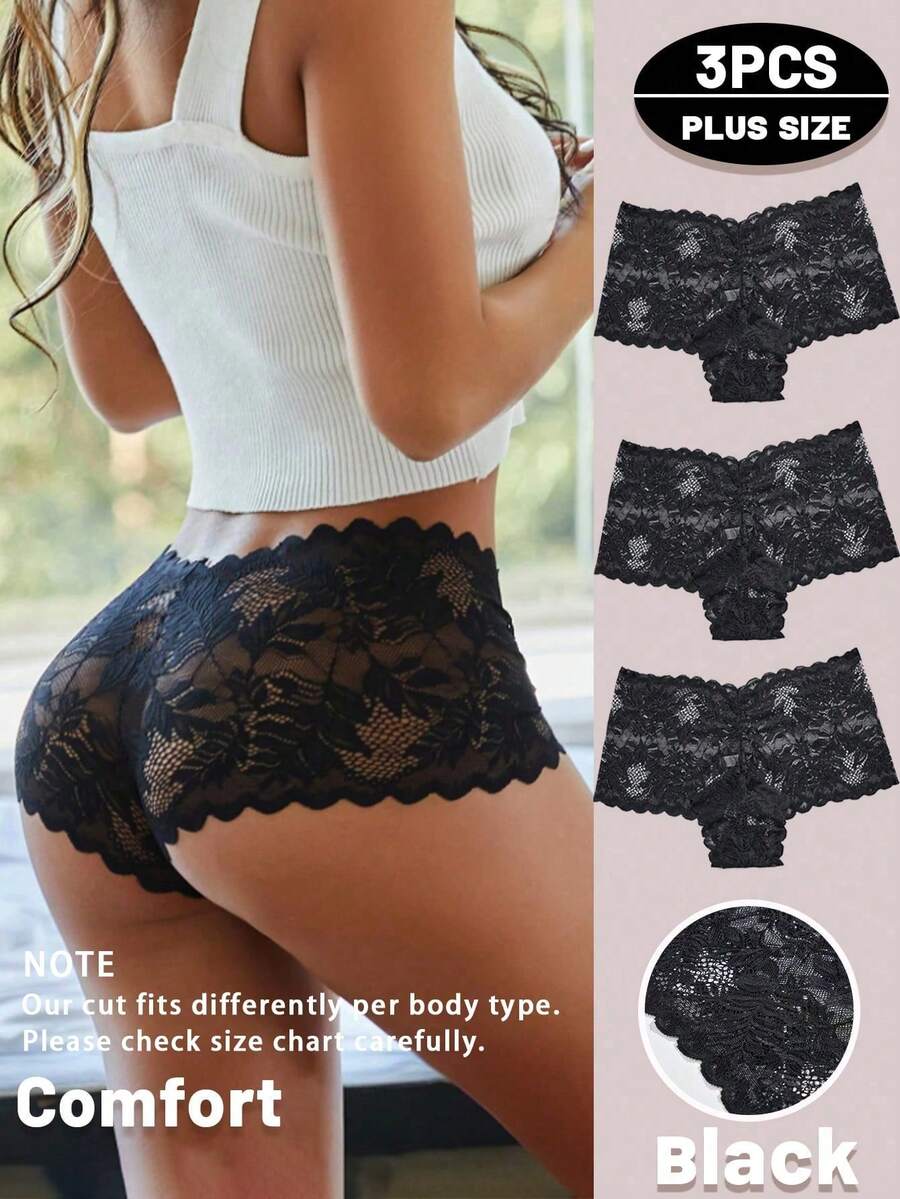 3Pcs Plus Size Panties Comfortable Sexy Women's Underwear Solid Color Lace Trim Elastic - Black - View 1