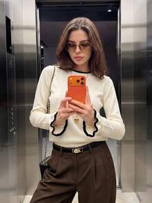 2026 Autumn/Winter Soft Style Round Neck Knit Sweater Women, Contrast Trim Flared Sleeve Slim Fit Flattering Top, Korean Style Versatile Commute Base Layer Knit Sweater - Apricot - View 1
