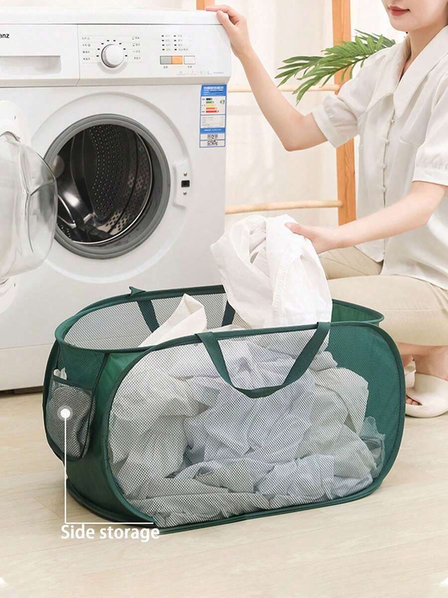 New Foldable Laundry Basket With Breathable Mesh For Odor Release And Quick Fold, Large Capacity Storage Bathroom Storage Basket. Mesh Pop Up Laundry Hamper With Side Pocket, Laundry Hamper, Storage Basket, Clothes Hamper, Dirty Clothes Sorter
