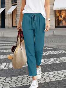 Jisfaneya Women's Solid Color Drawstring Casual Straight Leg Pants With Pockets - Lake Blue - View 9