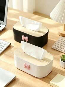 Cute Bow Decor Tissue Box, Minimalist Wood Grain Napkin Dispenser, Bedroom Living Room Office Desktop Tissue Holder, Home Decor Organizer, Rectangular Vertical Striped Tissue Storage Rack, Bedroom, Living Room, Office, Car Desktop Napkin Container, Beautiful Home Decor Organizer, Gift Choice - Multicolor - View 7