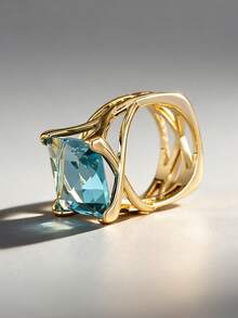 1pc Elegant Cubic Zirconia Ring For Women, Wedding Engagement Party Jewelry, Valentine's Day Gift - Gold + Light Blue - View 8