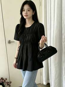 2025 Summer Women Korean Style Drawstring Round Neck Top Black - Black - View 7