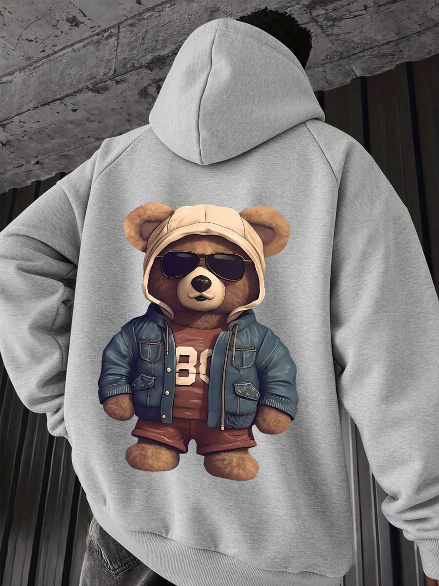 1pc Tween Boys Loose Casual Sports Versatile Bear Print Hoodie Sweatshirt Jacket, Autumn/Winter - Grey - View 1