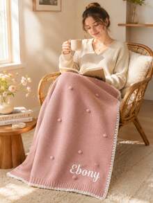1PC Custom Name Embroidered Pom‑Dot Knit Throw Blanket, Textured Knit Design With White Crochet Scalloped Edge & Ribbed Hem, 4 Selectable Colors For Household Spaces, Decor Blanket For Couch Bedroom Living Room, Ideal Holiday Present For Family - Multicolor - View 8