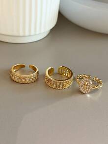 3pcs Old Money Style Cubic Zirconia Geometric Stackable Copper Rings Set, Suitable For Women's Daily And Party Wear, Quiet Luxury - Yellow Gold - View 7