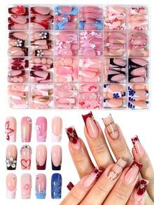 24 Pcs 3D Stereoscopic Gel Nails, Can Create Flower Nail Art, Decorated With Imitation Pearls, Square French Tips, Rectangular Perfect Fit Acrylic False Nail Set - Multicolor - View 1