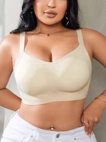 1pc Women's Plus Size Push-Up Seamless Bra, Wire-Free Strong Support Backless Design, Knitted High Elasticity Bonded Fabric, Molded Cup Comfortable Side-Boob Coverage, Suitable For Daily Wear, Home And Office - Apricot - View 5