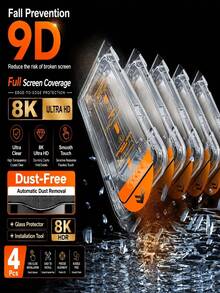 4入組 9D 全螢幕鋼化玻璃螢幕保護貼，相容 iPhone 18 Pro/18 Pro Max/17 Pro Max/Air/17e/16 Pro Max/16E/15 Pro Max/15 Plus/14 Pro/13/12/11 Pro Max/Xs Max/XS/XR/8 Plus/7 Plus，高清透明、耐刮損、邊緣無塵 - 4 PCS - 查看 2