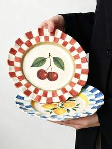 1pc French Wave Edge Fruit Ceramic Plate, Hand-Painted Plaid Plate, 8inch Plate, Steak And Pasta, Perfect For Bread, Cake, Dessert, Fruit, Salad, Mother's Day, Thanksgiving - Multicolor - View 4