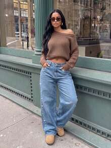 Low Waist Wide Leg Casual Blue Diagonal Pocket Curved Women's Jeans Fall - Royal Blue - View 7