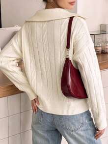 Women Fall Cream Half‑Zip Collar Cable Knit Sweater, Drop‑Shoulder Loose Long Sleeve Cropped Pullover For Daily Commute Casual Street Outfits - Apricot - View 2