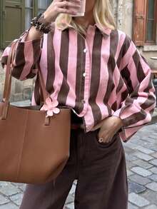 Women's Vertical Striped Loose Shacket, Lapel Long Sleeve Button-Up Casual Outerwear, Y2K Street Style Outing Jacket - Pinkish Brown - View 3
