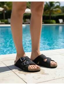 GETAC CHANCLAS MUJER, SANDALIAS HOMBRE con Plantilla de corcho Forro gamuza Suela Antiderrapante EVA PANTUNFLAS Unisex, Broche hebilla con Correas ajustables Cómodas estilo casuales playa. - Negro - Ver 4