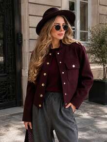 HH Autumn Jackets Woman Wine Red Long Sleeves Pockets Buttons Single Breasted Female Fashion Casual Coats Fall - Burgundy - View 2