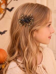 2pcs Halloween Spider Decor Gold Star Tulle Bows Alligator Clips Cosplay Costume Photo Prop Party Daily Hair Clips Kids Hair Accessories - Black - View 4