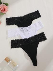 3件組女款純色蕾絲飾邊拼接輕量V腰性感丁字褲，尺寸偏小 - 黑與白 - 查看 1
