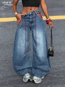 Women's Casual Wide Leg Jeans With Plaid Pocket And Rope Detail Design - Medium Wash - View 1