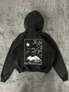 Men's Washed Print Hooded Sweatshirt, Casual Comfortable Loose Fit Mount & Cherry Blossom Print Hoodie - Black - View 3