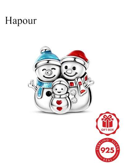 1 Pieces Christmas Snowman Charms Beads Original 925 Sterling Silver Cubic Zirconia Inlay Fits Original Bracelet & Necklace DIY Making For Women