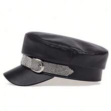 1pc Women's Metal Buckle Leather Cap - Black - View 4