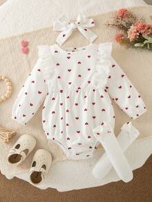 Autumn/Winter Baby Girl Cute Red Heart Print Flutter Sleeve Lace Trim Bodysuit & Bow Socks & Matching Headband - White - View 4