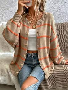 Plus Size Women's Colorblock Striped Knit Cardigan, Round Neck Button-Up Loose Chunky Knit Sweater - Khaki - View 2