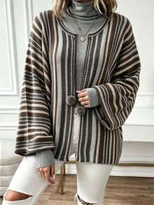 Plus Size Casual Fashion Contrast Color Cape-Style Knit Cardigan With Pom Poms, Long Sleeve - Multicolor - View 2