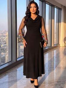 Plus Size Women's Solid Color Woven Fabric Mesh Patchwork Elegant Cowl Neck Sleeve Slit Waist Cinched Dress For Evening Date Birthday Party Autumn - Black - View 5