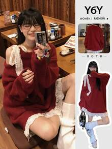 Y6Y 2026 新款獨特蕾絲露肩長袖針織上衣 秋冬女款寬鬆紅色毛衣 - 紅色 - 查看 9