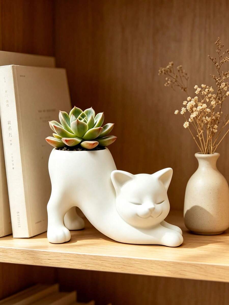 Unique Tail-Less Cat Planter, Cute Indoor Succulent Pot, Animal Theme Home Decor Planter, Creative Bonsai Pot - Ideal Gift; Charming Decoration For Office Desk, Room And Home - Multicolor - View 1