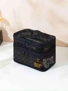 1pc Mesh Makeup Bag Double Layer Heart Pattern Large Capacity Storage Bag Fashion Toiletry Cosmetic Bag - Black - View 3