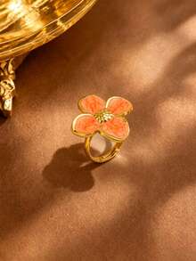 1pc Minimalist Style Enamel Floral Stainless Steel Ring For Women, Suitable For Outings And Gatherings - Yellow Gold - View 8