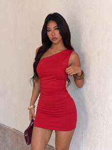 女款秋季基礎款不對稱單肩性感洋裝,休閒優雅日常穿著連身裙 - 紅色 - 查看 4