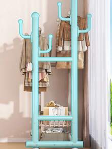 Double‑Rod Metal Garment Rack With Wheels, Thickened Clothes Drying Rack, Freestanding Movable Clothes Hanger Stand, With Double‑Tier Bottom Storage Shelves & Side Hooks, Bonus Hangers Included, For Bedroom Entryway Household Clothes Storage - Multicolor - View 7