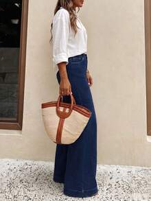 Celana Jeans Wanita Kasual Model Lurus, Celana Denim Lebar Minimalis Warna Polos Modis, Cocok untuk Berbagai Acara dan Pakaian Liburan di Musim Gugur - Biru - View 6