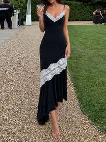 Women's Sexy Backless Lace Ruffle Patchwork Spaghetti Strap Maxi Dress, Vintage Elegant, 10cm - Black - View 8